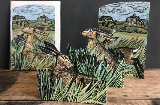 Card - Hares and open field - die-cut 3D by Angela Harding